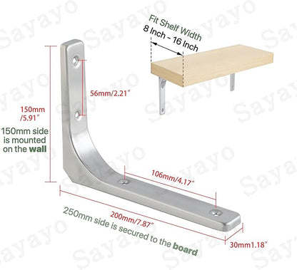 SAYAYO Heavy Duty Floating Shelf Brackets 8 Inch x 6 Inch, Stainless Steel Wall Shelf Brackets & Supports Brushed Nickel L Bracket, Angle Bracket Corner Brace for Wood, 4Pcs