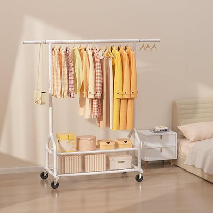 EAGMAK Heavy Duty Clothes Rack Load 556 LBS, Rolling Clothing Rack With Shelves, Height Adjustable Metal Clothes Hanger with Wheels Portable Wardrobe Organizer Garment Rod for Hanging Clothes (White)