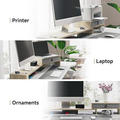 Fenge Computer Monitor Riser Stand with Drawer for 2 or 3 Monitors ,Adjustable Length and Angle Desktop Laptop Stand,Office Organizer,Printer,Oak