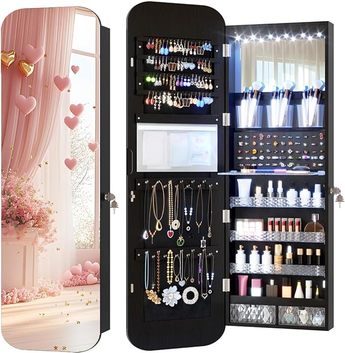 Vlsrka 6 LEDs Mirror Jewelry Cabinet Door Hanging, 47.2" Wall Mounted Jewelry Cabinet, Lockable Full Length Mirror with Storage, Rounded Corner Mirror Jewelry Organizer, 2 Drawers, Black