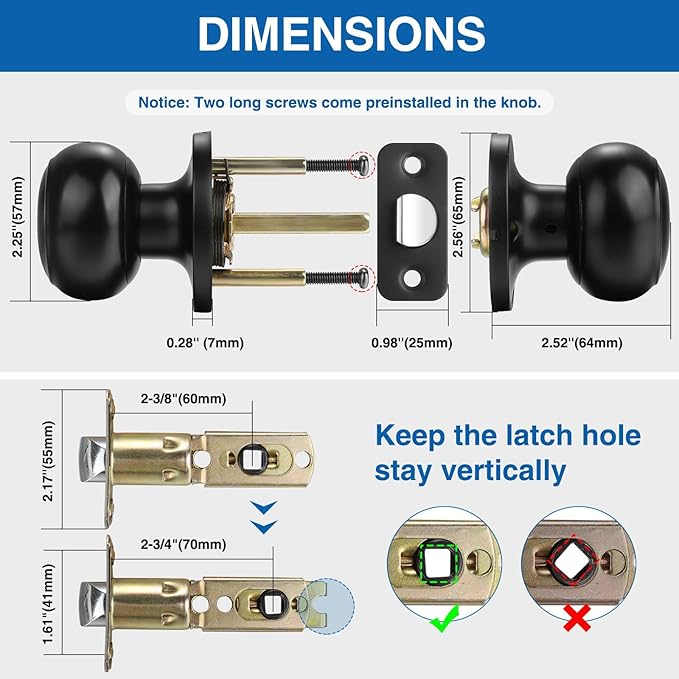 Sopoby Black Door Knob, 6 Pack Round Keyless Doorknobs Interior/Exterior Lockset, Passage Locking Door Knobs for Bedroom/Bathroom, Black Modern Design Door Hardware