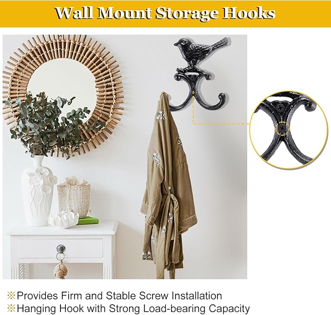 OwnMy Cast Iron Bird Coat Hooks Decorative Wall Hook, Vintage Dog Leash Holder Farmhouse Key Holder for Wall, Heavy Duty Indoor Outdoor Double Wall Hooks for Hanging Towels, Hats, Potted Plants, Tools