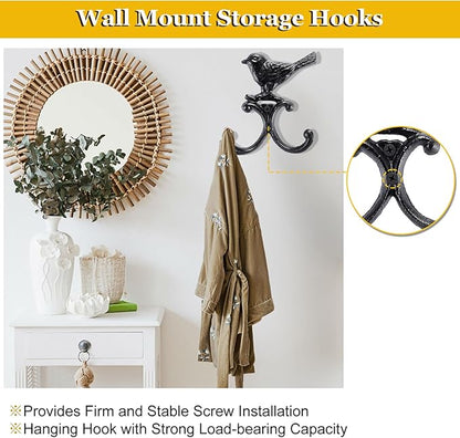 OwnMy Cast Iron Bird Coat Hooks Decorative Wall Hook, Vintage Dog Leash Holder Farmhouse Key Holder for Wall, Heavy Duty Indoor Outdoor Double Wall Hooks for Hanging Towels, Hats, Potted Plants, Tools