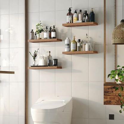 HOOBRO Floating Shelves for Wall, Wall Mounted Shelf Set of 2, 23.6" Hanging Shelf with Invisible Brackets, for Wall in Bathroom, Bedroom, Toilet, Kitchen, Living Room, Office, Rustic Brown BF60BJ01