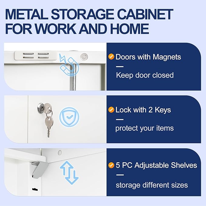 BESFUR Metal Storage Cabinet with 2 Doors and 5 Adjustable Shelves Garage Storage Cabinet with Lock 71" Office Storage Cabinets Locking Cabinets for Garage Office Shop Home (White)