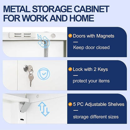 BESFUR Metal Garage Storage Cabinet with Locking Doors and 5 Adjustable Shelves, White Tall Storage Cabinets, Tool File Lockable Cabinet for Garage Office Warehouse Shop(71”H)
