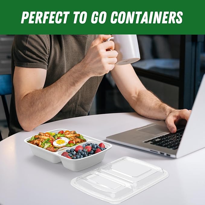 50 Pack (100-Piece) 28 oz Meal Prep Containers Reusable with Lids 2-Compartment, Sturdy Leakproof Food Safe, Microwave Freezer Dishwasher Safe, To Go Take Out Plastic Food Storage, Silver