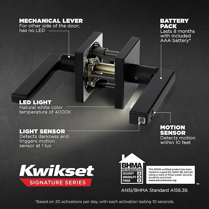Kwikset Halifax LED Motion Activated Light Up Door Handle Reversible Lever & Cartridge, Matte Black, with Microban Protection