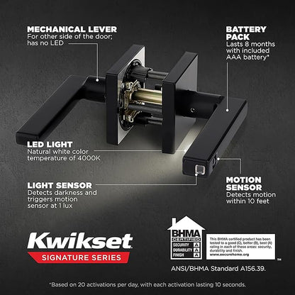 Kwikset Halifax LED Motion Activated Light Up Door Handle Reversible Lever & Cartridge, Matte Black, with Microban Protection