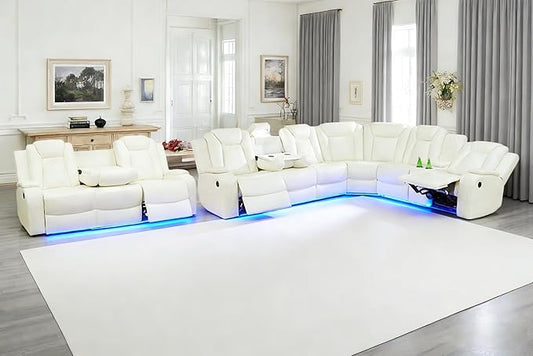 7-Seated Power Recliner Sectional Sofa, Power Recling Sectional Sofa Couch, Recliner Couch Set Living Room Furniture Sets, Comfy Leather, Cup Holder, Storage for Living Room/Home/Office