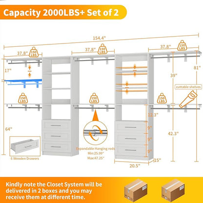 Closet System with 6 Wood Drawers, 6.6-13FT Closet Organizer System with Cuttable Shelves for Walk in Closet with 6 Expandable Hanging Rods, Heavy Duty Built-in Closet for Bedroom, White