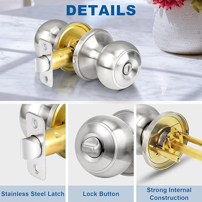 Sopoby Privacy Door Knob, 10 Pack Brushed Nickel Round Keyless Doorknobs Interior/Exterior Lockset, Privacy Locking Door Knobs for Bedroom/Bathroom, Modern Design Door Hardware