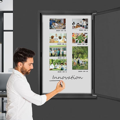 INNOVART Enclosed Bulletin Board 36”x24”, Lockable Dry Erase Noticeboard with Black Aluminum Frame, Outdoor Enclosed Whiteboard Weatherproof, Wall Display Case with Swing-Open Door Information Cabinet