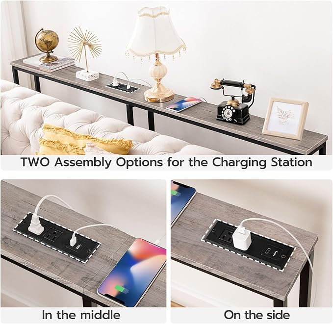 HOOBRO 63" Narrow Console Table with Charging Station, 5.9" Sofa Table with 2 Power Outlets and USB Ports, Long Entryway Tables Behind Couch Table, for Hallway, Livingroom, Greige BG165UXG01