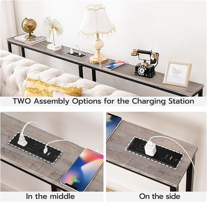 HOOBRO 63" Narrow Console Table with Charging Station, 5.9" Sofa Table with 2 Power Outlets and USB Ports, Long Entryway Tables Behind Couch Table, for Hallway, Livingroom, Greige BG165UXG01