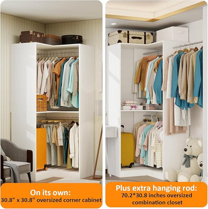 Corner Closet System with 3 Hanging Rods, 30.8”-70.2” L Shaped Freestanding Closet Organizer for Walkin Closet, Corner Wardrobe, White