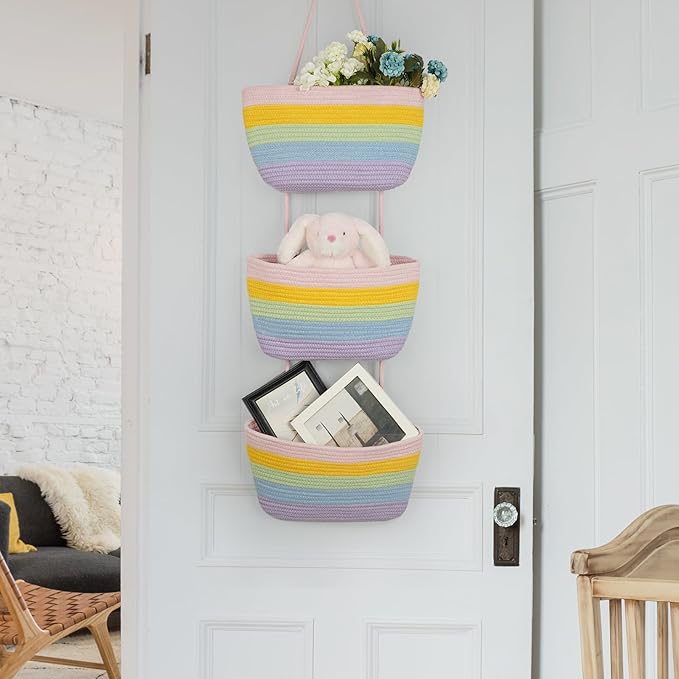 TeoKJ Over the Door Organizer, 3-Tier Woven Cotton Hanging Storage Baskets, Wall-Mounted Baskets for Nursery Organization, Rainbow