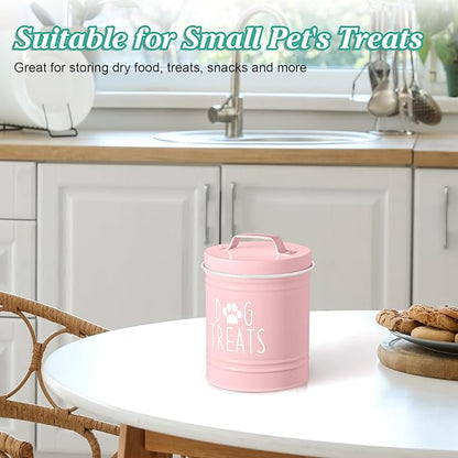 Pink Small Dog Treat Container Airtight - 6" Tall X 4.9" Round Pink Dog Treat Jar for Kitchen Counter - Rustic Treat Storage Canister for Dogs, Cats, Small Animals - Gifts for Pet Owners