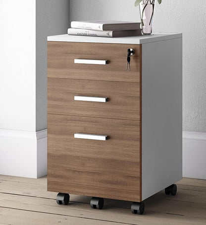 Modern Design Lazio File Cabinet, Filing Cabinets for Home Office, Drawers for Under Desk, Locking 3 Drawer Rolling Filing Cabinet with Lock, Walnut and White, by Crafts and Comfort