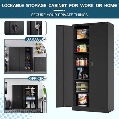 MIIIKO Metal Cabinet for Storage, Locking Door Tall Steel Storage Cabinet with 5 Shelves, Black Garage Cabinet Organizer, 71" Heavy Duty Utility Cabinets with Lock 2 Doors