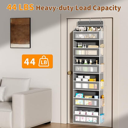 Over The Door Organizer with 6 Large Pockets, Over the Door Storage 12 Side Pockets, Hanging Door Organzier 44 lb Load Behind Door Storage Hanging Shelf for Closet Wall Bathroom Nursery, 6-Tier Grey