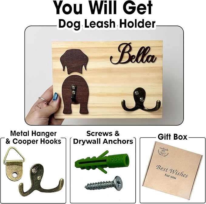 Personalized Dog Leash Holder, Dog Butt Harness Wall Hanger Organizer with Name, Hooks for Leashes, Keys, Collars, Funny Leash Rack Wall Mount for Entryway, Gift for Pet Lovers, Home Décor