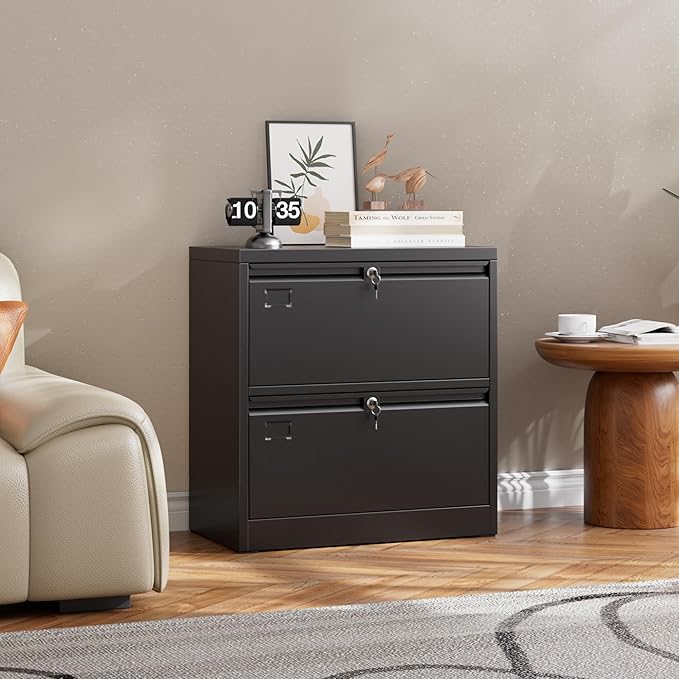 SUXXAN Metal 2 Drawer Lateral File Cabinet with Lock - Wide Filing Cabinet for Letter/Legal/F4/A4 Hanging Files - Includes Business Card Holder, Home Office School Storage,Black