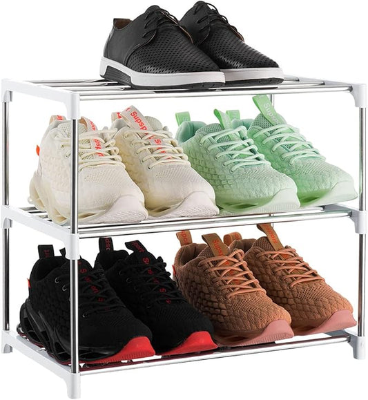 3-Tier Stackable Small Shoe Rack, Lightweight Shoe Shelf Storage Organizer for Entryway, Hallway and Closet(White)