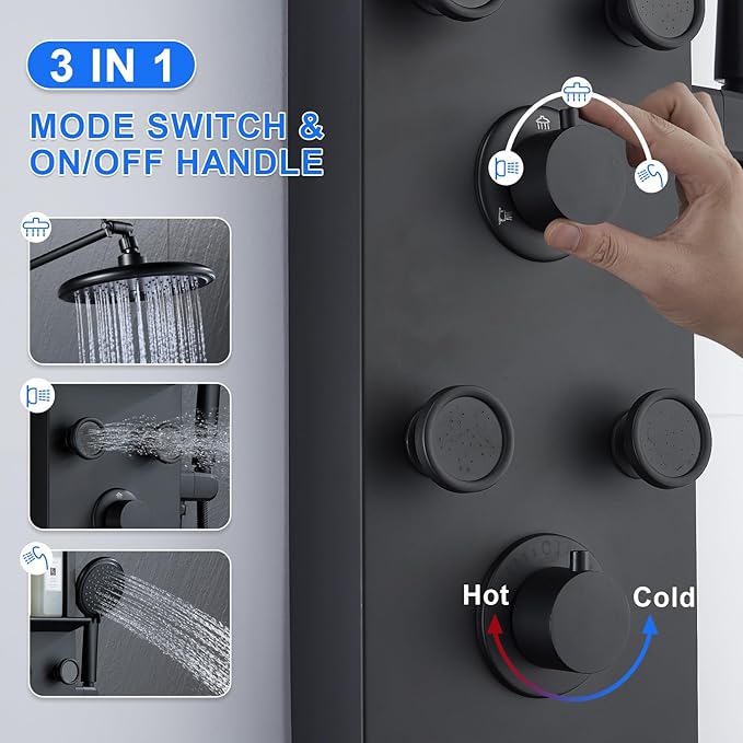 POPFLY Shower Panel Tower System Adjustable Shower Arm Height Rainfall Head System Stainless Steel Shower Panel with Shelf and 6 Body Massage Jets, Bathroom Black Shower Column Panel