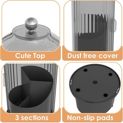 Makeup Brush Holder with Lid 360 Rotating Clear Dustproof Make Up Organizers for Vanity Bathroom Countertop, Black