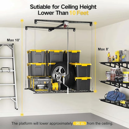 Overhead Garage Storage Rack for 8-10ft Ceiling, Heavy-duty 4x4 FT Garage Ceiling Storage Racks with Safety Lock, Ideal for Storage Mounted Lift System and Storage Organizer, 250lbs Capacity