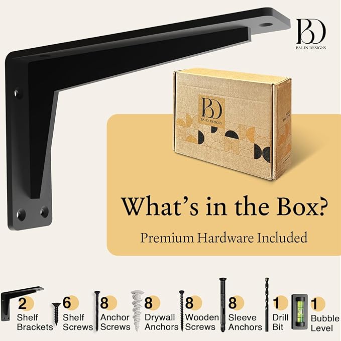2 Pack Heavy Duty Shelf Brackets 8 Inch Mantel Decorative L Bracket for Shelves, Metal Shelf Support Bracket, Wall Mounted Granite Countertop Iron Corbels, Floating Black Shelving Brackets
