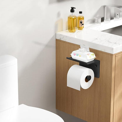 FORIOUS Toilet Paper Holder with Shelf, Adhesive or Screw Wall Mount Toilet Paper Roll Holder for Bathroom, SUS 304 Stainless Steel Commercial Toilet Tissue Holder with Storage Dispenser, Matte Black