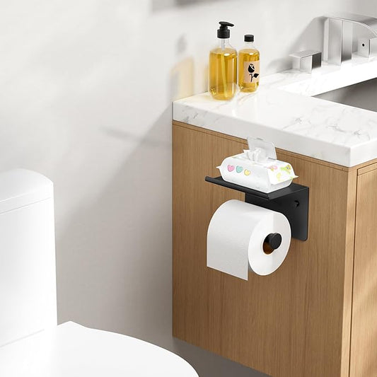 FORIOUS Toilet Paper Holder with Shelf, Adhesive or Screw Wall Mount Toilet Paper Roll Holder for Bathroom, SUS 304 Stainless Steel Commercial Toilet Tissue Holder with Storage Dispenser, Matte Black