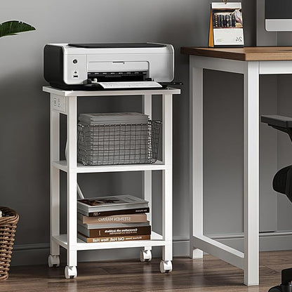 TUTOTAK 3 Tier Printer Stand, Rolling Printer Cart with Power Outlets and USB Ports, Mobile Printer Table with Wheels, for Under Desk, Office, Home, White PS02BW001