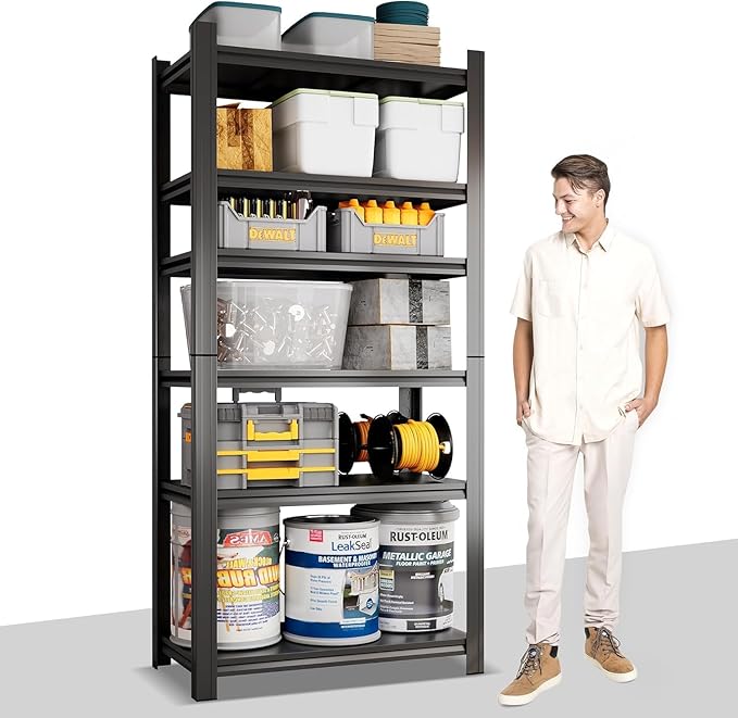 Metal Garage Shelving Unit,Heavy Duty 5-Tier Adjustable Storage Shelves,3000 lbs Capacity,Industrial Shelves for Heavy Tools and Equipment,for Garage,Basement (Black, 35.4" Wx13.8 Dx71 H)