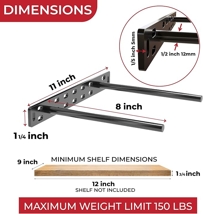 Set of 2 Floating Shelf Brackets 11 inch Multiple Mounting Location Baseplate/Heavy Duty Black Painted Mild Steel Bracket Hidden Wall Shelves Support Hardware Mount Kitchen/Nursery Decor(8 inch Rods)
