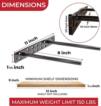 Set of 2 Floating Shelf Brackets 11 inch Multiple Mounting Location Baseplate/Heavy Duty Black Painted Mild Steel Bracket Hidden Wall Shelves Support Hardware Mount Kitchen/Nursery Decor(8 inch Rods)