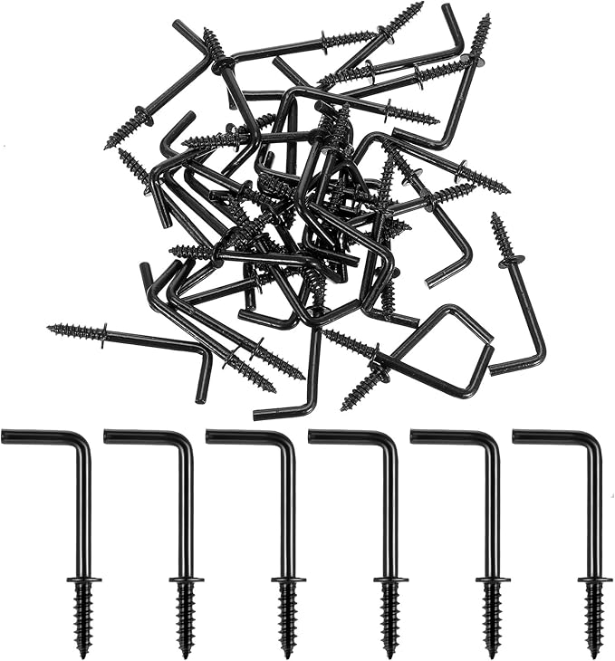 40 Pack L Hooks 1 Inch Small Black Wall Hook Vintage L Shape Screw in Hook, 7 Shape Right Angle Medal Hanging Square Bend Hooks for Jewelry and Home Organization