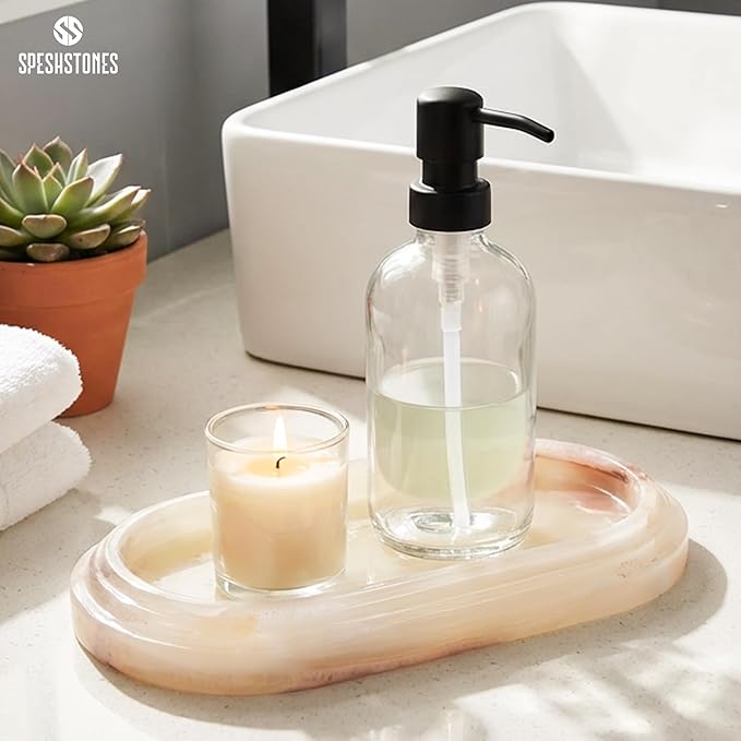 Marble Tray 9.75 Inch Handmade Cream Onyx Bathroom Tray for Countertop Décor - Decorative Trays for her, Perfume, Candle, Jewelry & Vanity Accessories