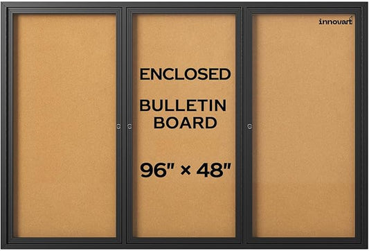 INNOVART Enclosed Bulletin Board 96”x48”, Lockable Cork Noticeboard with Black Aluminum Frame, Outdoor Enclosed Bulletin Board Weatherproof, Wall Display Case with Swing-Open Door Information Cabinet