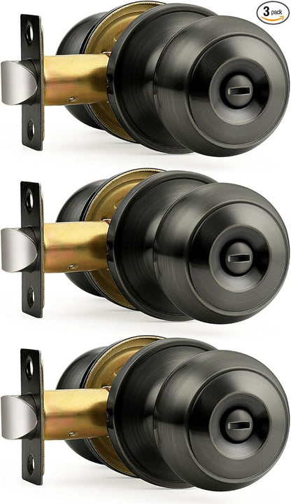 Probrico Satin Gunmetal Door Knobs for Bedroom Bathroom, Interior Door Knob with Round Ball, Grey Privacy Door Knob, 3 Pack