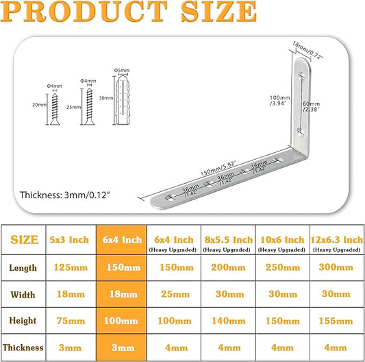 Alise Floating Shelf Brackets,Wall Bracket for Shelves Heavy Duty L Brackets Corner Brace,Stainless Steel Joint Angle Bracket for Wood Board Support Wall Mount,Brushed,6x4 Inch(Pack of 4)