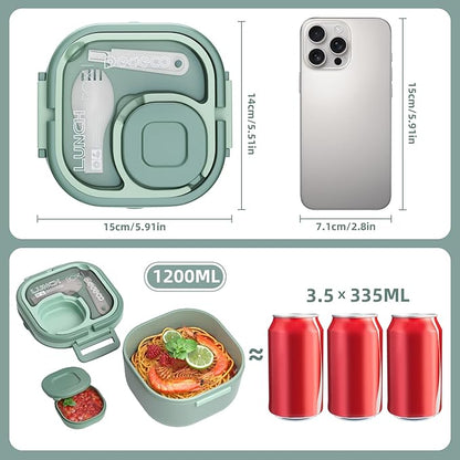 Bento Box for Adults & Kids – Single Compartment Lunch Box,Food Container,BPA-Free,Microwave & Dishwasher Safe with Removable Divider,Utensils & Sauce Jar-Green