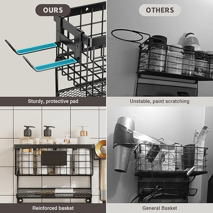 Hair Dryer Holder Wall Mounted, Adheisve Hair Styling Tool Organizer for hair Brush/Appliance Wall Mount with 4 Tier Shelf Basket Hooks Blow Dryer and Straightener Holder for Bathroom(Black)