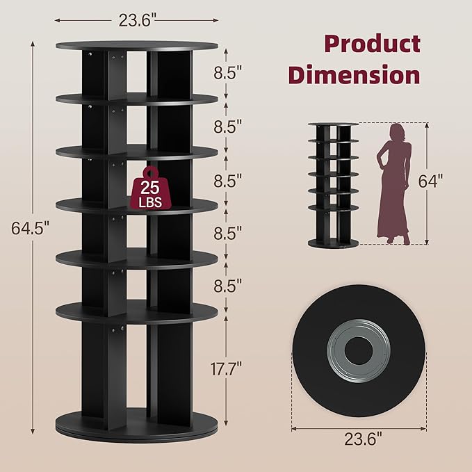 JUMMICO Rotating Shoe Rack Tower, 6-Tier Vertical Closet Storage Organizer for Shoes, Handbags & Tall Boots, 360° Spinning Lazy Susan Base, Space-Saving for Bedroom & Closet (Black)