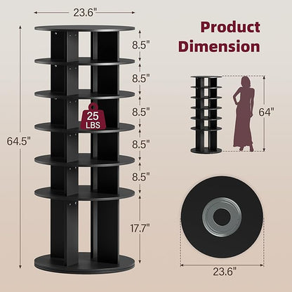 JUMMICO Rotating Shoe Rack Tower, 6-Tier Vertical Closet Storage Organizer for Shoes, Handbags & Tall Boots, 360° Spinning Lazy Susan Base, Space-Saving for Bedroom & Closet (Black)