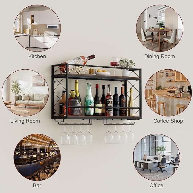 Wine Rack Wall Mounted 2 Tier Wall Wine Rack with Glass Holder, Double Layer Anti-Drop Crossbar, 31.5" Metal Wood Wall Mount Wine Holder for Home Kitchen Dining Room Coffee Shop Bar, Black