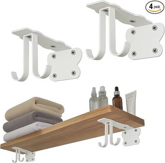SOGAL 5 Inch Shelf Brackets with 4 Hooks, White Floating Shelf Bracket Invisible Supports 4 Pack