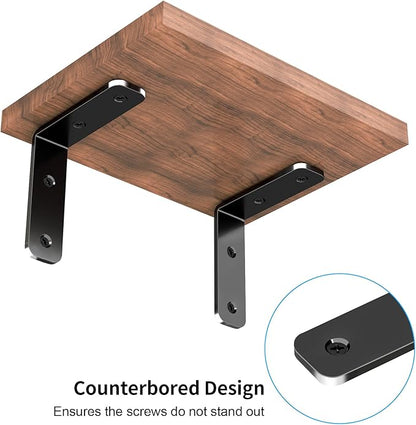 YUMORE L Bracket Corner Brace, 6Pcs 65x65mm Joint Right Angle Brackets Heavy Duty Stainless Steel 90 Degree Bracket Fastener for Wood Shelves Chair Tables Dressers Furniture with Screws, Black